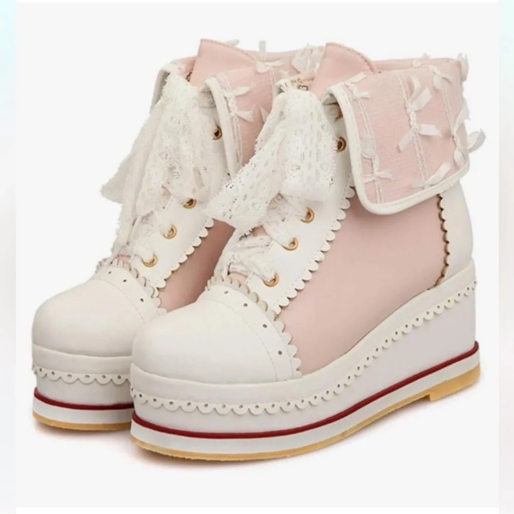 Cute Lolita Boots Cosplay Brogue Wedge Boots size 2